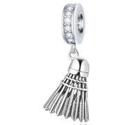 Badminton Birdie Dangle Charm, fits Pandora Sport Bracelet, Feather Shuttlecock Pendant Beads with Clear CZ, Gift for BFF/Sister/Cousin/Niece