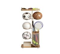 Badminton Racquet Storage Rack,Floor Standing Racquet Storage Rack,with A Storage Basket and Two Ball Racks,for Training Ground,Gym(Gold,45x23x110cm)