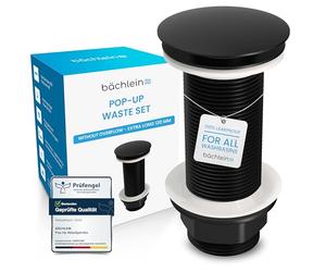 Bächlein Extra Long Universal Drain Fitting without Overflow (Matt Black) - Pop Up Valve for Countertop Washbasins