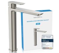 Bächlein High Tap for The Bathroom in Classic Design, Mizarela, Single-Lever Mixer with Durable Ceramic Cartridge and Installation Set, Bathroom Faucet Brushed Stainless Steel