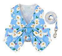 BAEJMJK Dog Harness and Leash Set with Bow Knot No Pull Pet Daisy Floral Harness with D-Ring Soft Mesh Dog Harness Vest Set Escape Proof Princess Puppy Harness for Small Girl Dogs Cats（Blue B L）