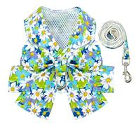 BAEJMJK Dog Harness and Leash Set with Bow Knot No Pull Pet Daisy Floral Harness with D-Ring Soft Mesh Dog Harness Vest Set Escape Proof Princess Puppy Harness for Small Girl Dogs Cats（Blue A S）