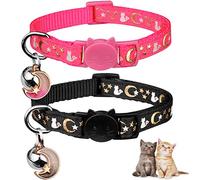 Baeuppit 2PCS Breakaway Cat Collars with Bell Moons Stars Cute Kitty Adjustable Safe Kitten Collars with Pendant Glow in The Dark(Black&Pink)