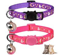 Baeuppit 2PCS Breakaway Cat Collars with Bell Moons Stars Cute Kitty Adjustable Safe Kitten Collars with Pendant Glow in The Dark(Purple&Pink)