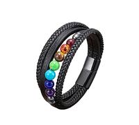 BAFAFA 7 Chakra Natural Stone Handmade Braided Leather Bracelets Men Women Colorful Reiki Healing Beaded Charm Bracelet (Style : 19cm_Black Metal-B)