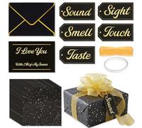 Bafeil 5 Senses Gift Set for Him with Labels Envelopes Ribbon Cards, Black with Gold Letters Five Senses Gift for Anniversary Valentine's Day Birthday