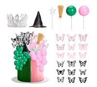 Bafeil 65Pcs Witch Hat Cake Topper, Silver Crown Mini Balloons Pink and Green Party Decorations, Black Butterfly Broom and Star Wand Cupcake Toppers for Princess Witch Theme Birthday Party