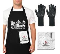 Bafeil BBQ Aprons for Men Set - The Grill Master Funny Cooking Apron with Heat Resistant Silicone Gloves & Microfiber Cloth - Fathers Day Birthday Grilling Gifts for Father Husband Boyfriend Chef