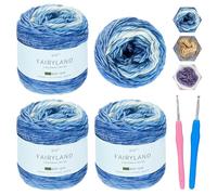 Bafeil Ombre Yarn for Crochet Knitting Wool - 4x100g Gradient Yarn 60% Cotton 30% Acrylic 10% Wool with 2 Hooks, DK Cake Yarns for Crochet Baby Blankets, Scarf, Hat and DIY Crafts (Gradient Blue)