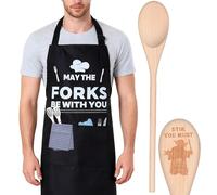 Bafeil Space Wars Apron & Wooden Spoon Set - May The Forks Be With You Funny Novelty Kitchen Cooking Apron for Sci-Fi Fans | Stir You Must, or Burn it Will Spoon Gifts for Husband, Dad or Son