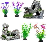 bafeooo 6 Pcs Fish Tank Decorations Set, 4 Fish Tank Plants and 2 Fishs Tanks Stones, Hiding Cave Decoration Aquarium Accessories, Fishes Tanks Aquarium Rocks for Decoration