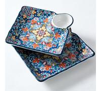 Bafnsiji Set of 2 Japanese Square Ceramic Dumpling & Sushi Plates, Divided Dumpling Pasta Plate, 7.5 Inch Bohemian Dip Plate with Sauce Compartments,A