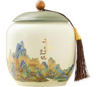 Bafnsiji Vintage Ceramic Tea Canister Airtight Storage Jar - Thousand Li of Mountains Landscape Painting, Matte Finish with Retro Wood Knob & Decorative Tassel. Perfect for Coffee, Spices