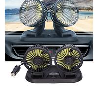 BAFOVY 360° Rotatable Dual Head Car Fan, 5 Blades 2 Speeds Cooling Fan with USB Powered Adjustable Airflow for Car Vehicles (12V (yellow blade))