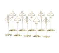BAFOVY Cute Golden Airplane, Metal Business Card Holder for Desk with Base, Pack of 10 Decorative Photo Clamp/Holder Notes Holder for Office and Home, Great for Wedding Gifts, Stand with