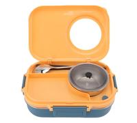 BAFOVY Thermal Lunch Box, Double Layer Stainless Steel, 1100ml Capacity, 3 Compartments with Soup Bowl, Blue Yellow