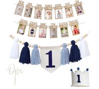 Bafutayawa 1st Birthday Decoration Blue Set Highchair Garland 1 Year with Crown Photo Banner 1-12 Months Photo Garland Cake Topper Children's Birthday Decoration First Birthday