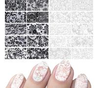Bafutayawa 20 Pieces Nail Stickers & Lace Nail Art Foils, Elegant Lace Designs in Black & White - Safe & Odourless Manicure Decoration for DIY Nail Art