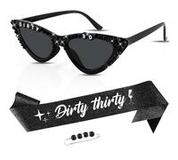Bafutayawa 30th Birthday Decorations, 30th Birthday for Women, Dirty 30 Sash and Sunglasses Set, 30th Birthday Party Outfit with Black Glitter Sash and Gift