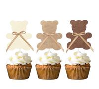 Bafutayawa Cupcake Topper Bear 24 Pieces Cake Decoration Baby Shower Teddy Bear with Bow Muffin Decoration Paper Brown Beige for Gender Reveal 1st Birthday Christening Boho Party Accessories