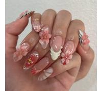 Bafutayawa Falsenails, 24Pcs Medium Almond Press On Nails with 3D Pink Flower Design, French White Nails for Easy Application for Women