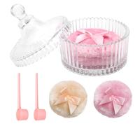Bafutayawa Glass Powder Container with Puff Set, Body Powder Puff, Large Puff Container with 2 Puffs and Spoon, Soft Fluffy for Women Pink Beige