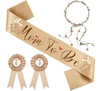 Bafutayawa Mom To Be Sash, Baby Shower Set, Brown Mommy To Be Sash with Dad To Be Pin and Flower Crown, Baby Party Decoration and Photo Props