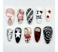 Bafutayawa Press On Nails, 24 Pieces French Tip Fake Nails, 3D Star Artificial Nails with Black Swirl Design, Y2K Acrylic Nail Kit for Women, Short Almond Shape False Nails
