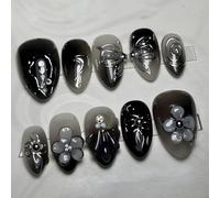 Bafutayawa Press On Nails, Black hand-crafted Gothic art nails, short, almond shape, with 3D beads, pearls, rhinestone designs, French Tip, silver butterfly bow, adhesive, for women