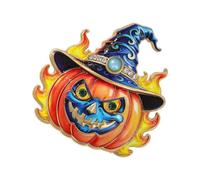 Bag Accent Brooch, Pumpkin Face Wizard Cap Design, Flame Side Artwork, Gold Tone Border, Crystal Detail, Holiday Costume Wear, Lapel Ornament Witch Hat Pin Lapel Ornament Autumn Costume Jewelry Blue