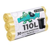Bag&Baggy 30 Yellow Bin Liners, 110 Litres, 70 x 110 cm, High Resistance, Anti-Drop and Anti-Tear, with Closure Straps - 3 Rolls of 10 Pieces