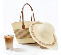 Bag French Style Straw Shoulder Bag and Hat Set, Large Capacity Woven Tote, Trendy Beach Vacation Handbag, Sun Hat for Summer Outfits