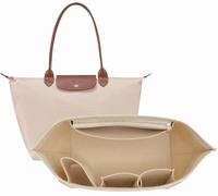 Bag Insert Organizer for Longchamp, Beige Purse Insert Organizer with Zipper, Multi Pocket Felt Handbag Wallet Organizers, Folding Tote Bag Organize (M)