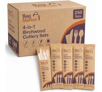 Bag Market | 4-in-1 Birchwood Cutlery Sets, Individually Wrapped x 250 | 250 individually wrapped 4-in-1 birchwood meal kits with knife, fork, dessert spoon and 2-ply napkin.