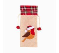 SHATCHI Wine Bottle Liquor Cover Bag with Drawstring Printed Pattern Burlap Hessian Linen Novelty Dinner Table Decorations-Reindeer/Snowman/Robin/Christmas Pudding, Cotton, 15x35cm
