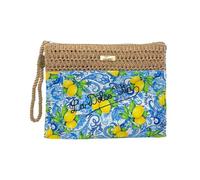 BAG266 Bicolor Straw and Fabric Mix Clutch Bag, 22 x 16 x 5 cm, Patterned Fabric and Woven Straw Effect, with Zip and Wrist Strap, Majolica and Lemon Patterns, D37bis