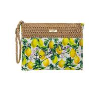 BAG266 Bicolor Straw and Fabric Mix Clutch Bag, 22 x 16 x 5 cm, Patterned Fabric and Woven Straw Effect, with Zip and Wrist Strap, Majolica and Lemon Patterns, D62