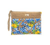 BAG266 Bicolor Straw and Fabric Mix Clutch Bag, 22 x 16 x 5 cm, Patterned Fabric and Woven Straw Effect, with Zip and Wrist Strap, Majolica and Lemon Patterns, D56