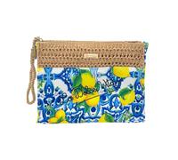BAG266 Bicolor Straw and Fabric Mix Clutch Bag, 22 x 16 x 5 cm, Patterned Fabric and Woven Straw Effect, with Zip and Wrist Strap, Majolica and Lemon Patterns, D49