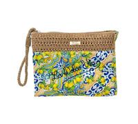 BAG266 Bicolor Straw and Fabric Mix Clutch Bag, 22 x 16 x 5 cm, Patterned Fabric and Woven Straw Effect, with Zip and Wrist Strap, Majolica and Lemon Patterns, D26