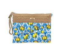 BAG266 Bicolor Straw and Fabric Mix Clutch Bag, 22 x 16 x 5 cm, Patterned Fabric and Woven Straw Effect, with Zip and Wrist Strap, Majolica and Lemon Patterns, D22v724