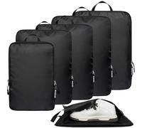 BAGAIL Ultralight Compression Packing Cubes with Travel Shoe Bag Super Thin and Sturdy 70D Nylon Expandable Packing Organizers for Travel Accessories Luggage Suitcase Backpack, 6 Set, Black