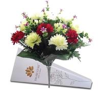 Bagari 41cm Artificial Flowers for Graves Cemetery- Fake Plastic Bunch of 16 Heads- Large Mixed Bush Ivory-Red-Light Green Delivery Next Day Prime-Fresh Bouquet for Outdoot & Indoor Events Home Decor