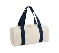 Bagbase Edit Canvas Duffle - Natural/Navy, Recycled Polyester Travel Duffel Bag with Zippered Main Compartment, Front Slip Pocket, Soft Webbing Handles & Tearaway Label, Made for Personalisation