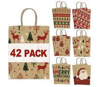 BagDream 42Pcs Christmas Gift Bags 8x4.25x10.5 Paper Gift Bags with Handles | Kraft, Recycled, 6 Christmas Patterns, Medium, For Gift Giving, Christmas Party Favors, Holiday Gift Bags, Festive Treat Bags