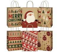 BagDream Christmas Gift Bags 24Pcs 8x4.25x10.5 Paper Gift Bags with Handles | Kraft, Recycled, 6 Christmas Patterns, Medium, For Gift Giving, Christmas Party Favors, Holiday Gift Bags, Festive Treat Bags