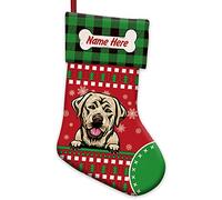 BAGEYOU 1 Pack Customize Merry Christmas Red Stockings with Cute Dog Labrador Bone Green Buffalo Plaid Snowflake for Xmas Decoration 14.4"