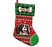 BAGEYOU 1 Pack Personalized Merry Christmas Red Stockings with Cute Dog Cavalier King Charles Spaniel Bone Green Buffalo Plaid Snowflake for Xmas Decoration 14.4"