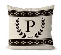 BAGEYOU Black Olive Branch Letter Pillow Case Diamond Pattern Monogram Initial P Decor Throw Cushion Cover for Sofa Couch 16 x 16 Inch Linen Pillowcase, Double Sided Printing