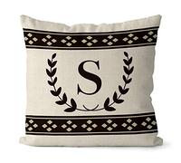 BAGEYOU Black Olive Branch Letter Pillow Case Diamond Pattern Monogram Initial S Decor Throw Cushion Cover for Sofa Couch 18 x 18 Inch Linen Pillowcase, Double Sided Printing